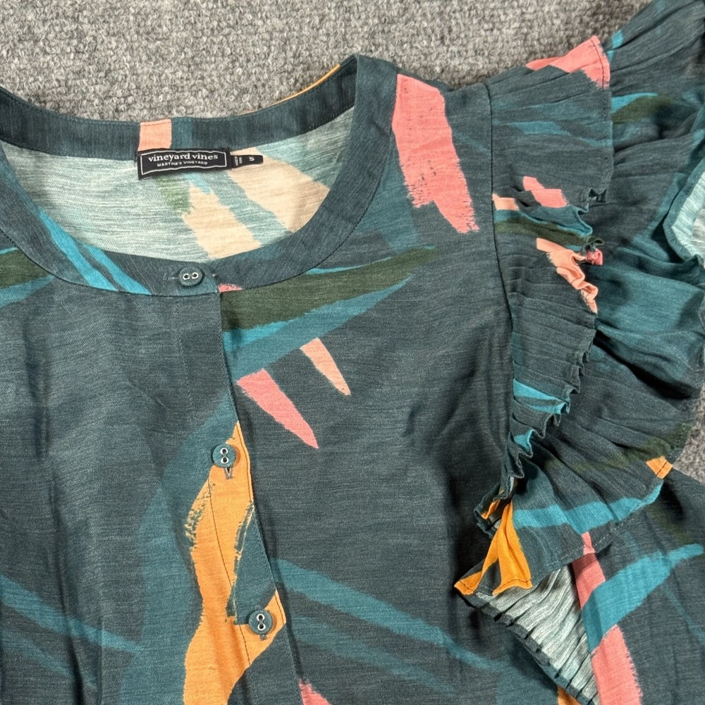 Vineyard Vines Shirt Womens Small Multicolor Linen Silk Ruffle Sleeve Blouse Top